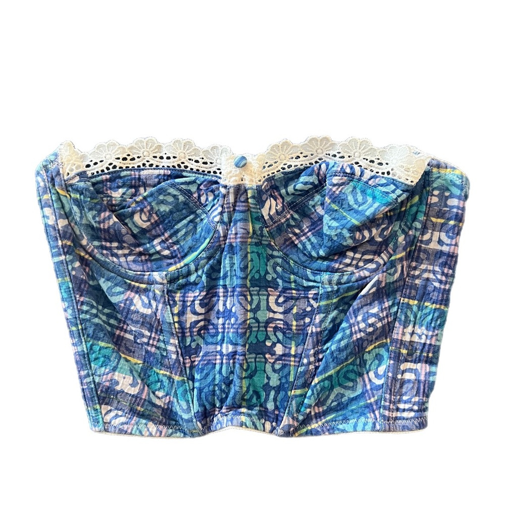 VTG Abstract Gingham Print Corset Top with Lace Trim